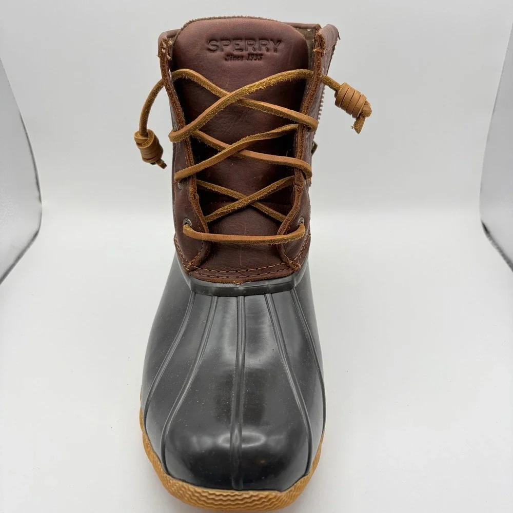 Sperry Women 8 Saltwater Duck Boots Brown Black Leather Rubber Waterproof Ankle